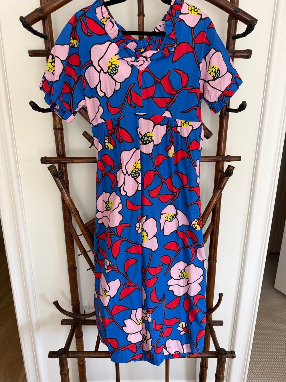 Bright Blue Floral Midi Dress with Pink Blooms by Sara Campbell